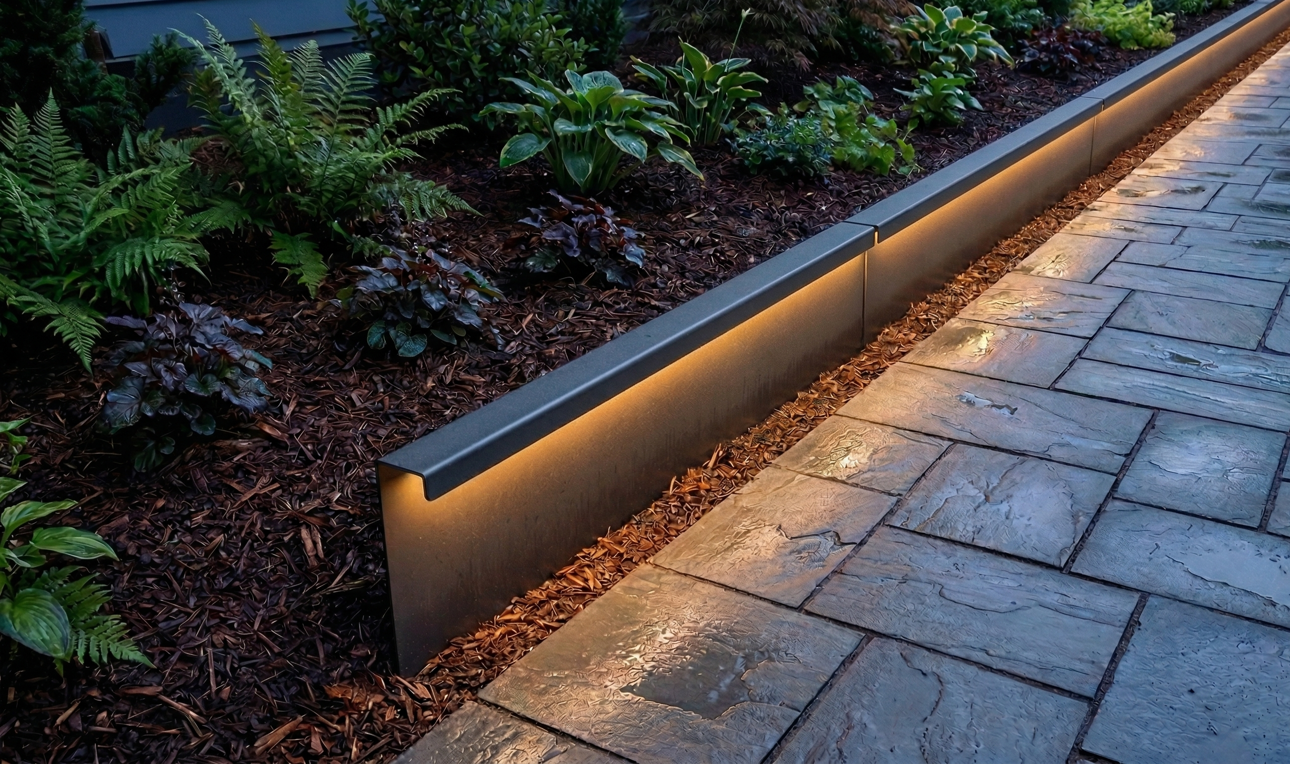 Detail shot of steel edging profile and brushed finish