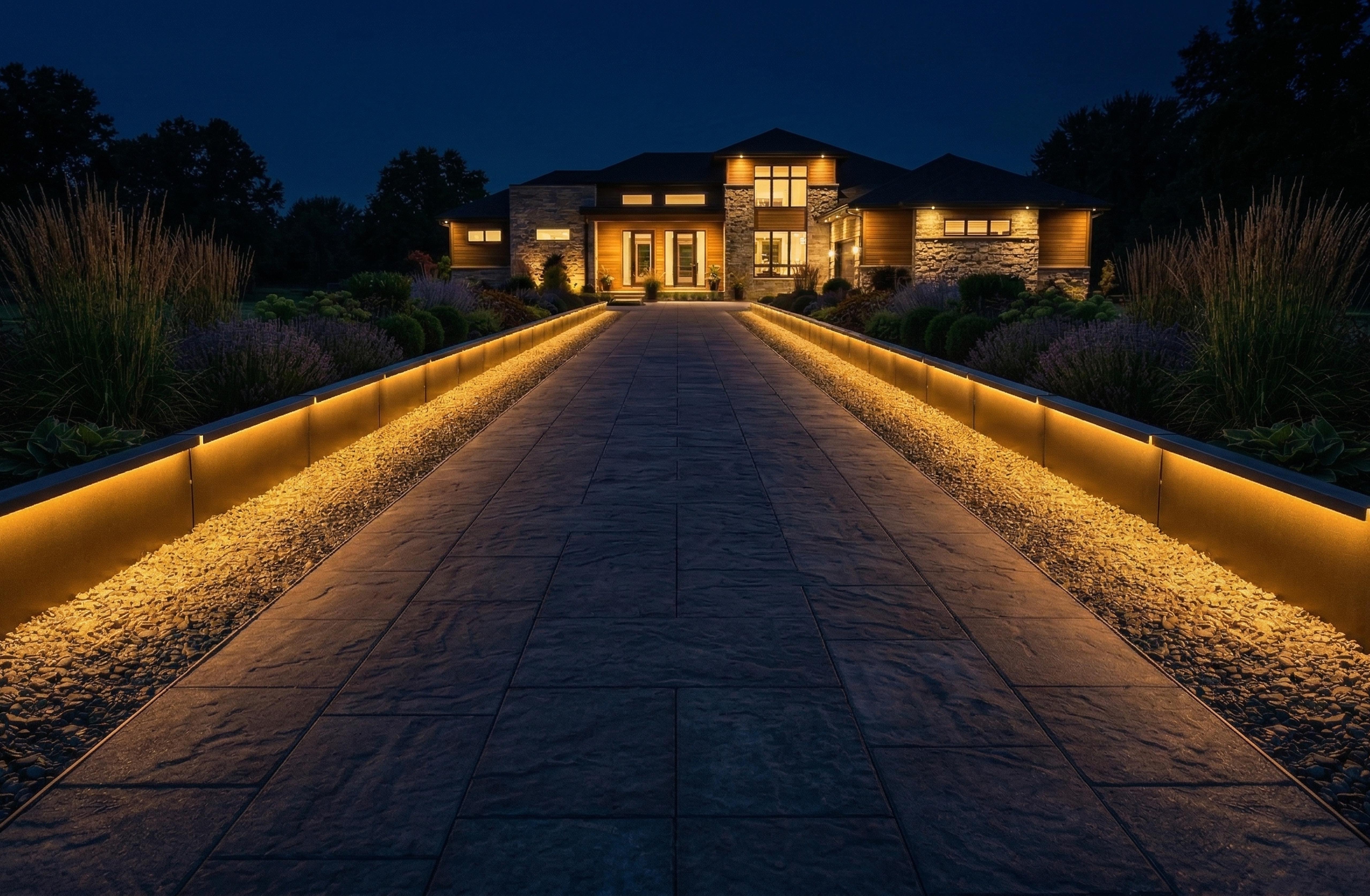 LED-lit walkway with Iron & Moss Ridgeline garden edging illuminating a stone path at dusk